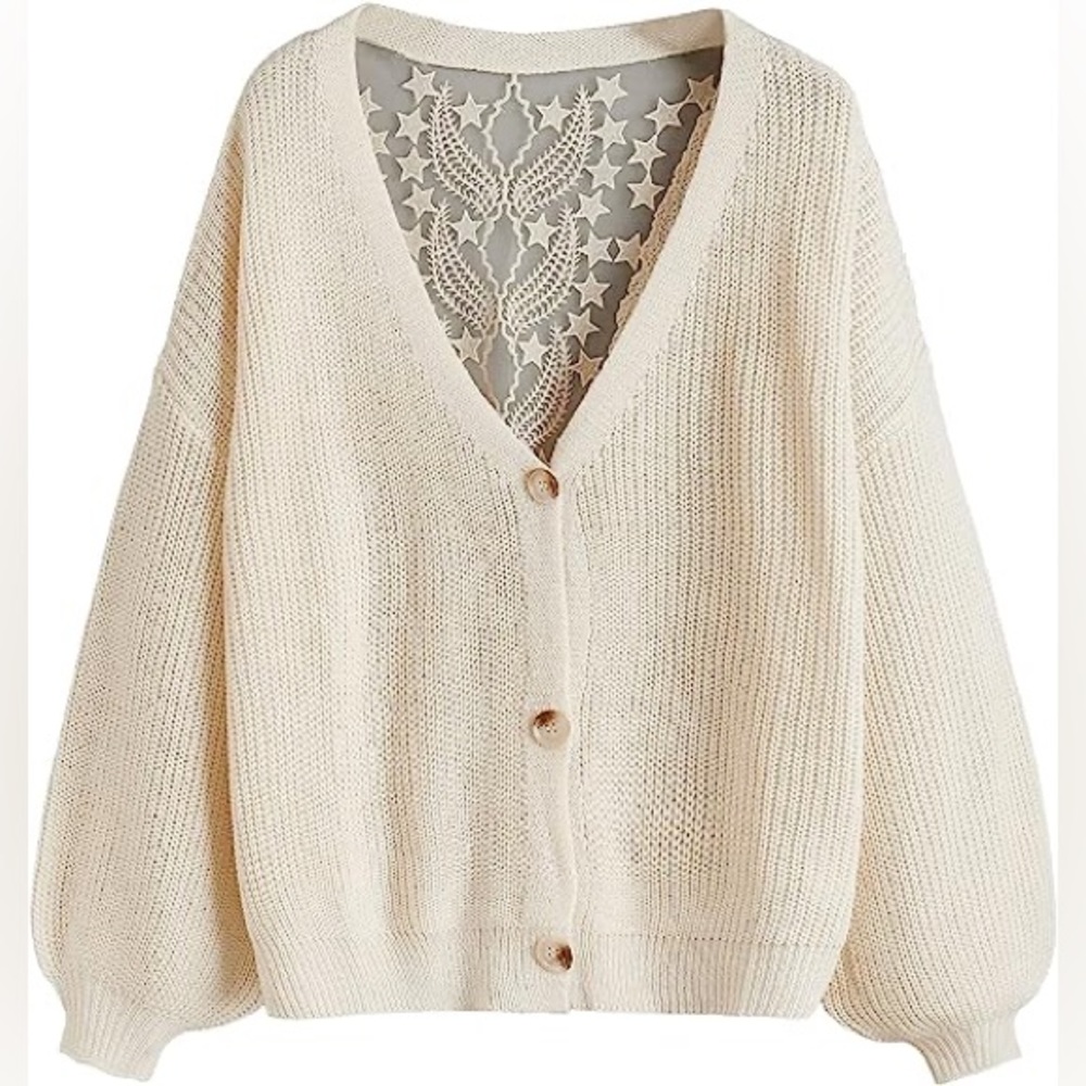Shein cream embroidered lace cardigan